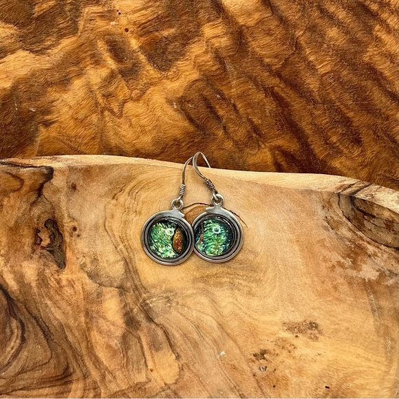 Jewelry - Vintage 925 Silver Swirl Earrings w/Diochroic glass stone pierced French Hooks